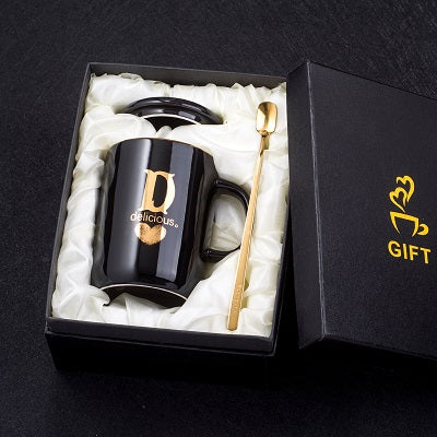 400ml Creative Gold Finger Printing Black Ceramic Coffee Mug Tea Cup With Gold Handle As Gift With Lid And Spoon