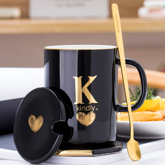 400ml Creative Gold Finger Printing Black Ceramic Coffee Mug Tea Cup With Gold Handle As Gift With Lid And Spoon