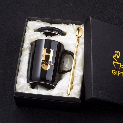 400ml Creative Gold Finger Printing Black Ceramic Coffee Mug Tea Cup With Gold Handle As Gift With Lid And Spoon