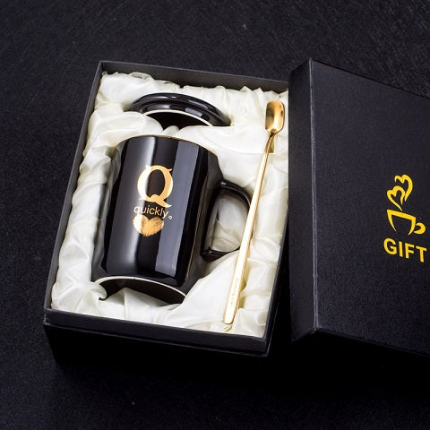 400ml Creative Gold Finger Printing Black Ceramic Coffee Mug Tea Cup With Gold Handle As Gift With Lid And Spoon