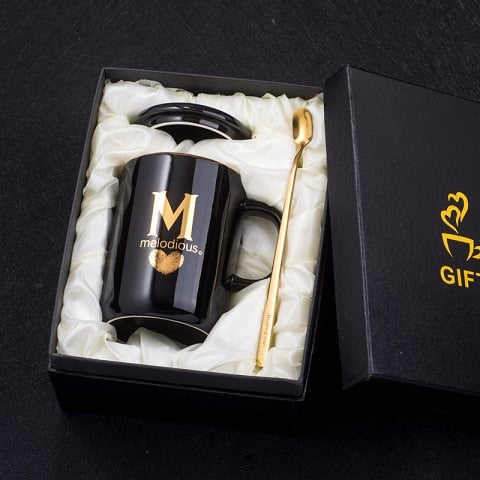 400ml Creative Gold Finger Printing Black Ceramic Coffee Mug Tea Cup With Gold Handle As Gift With Lid And Spoon