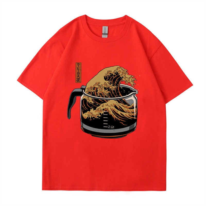 Short sleeved coffee wave print round neck T-shirt top