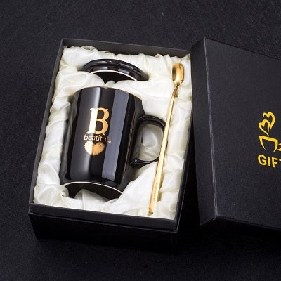 400ml Creative Gold Finger Printing Black Ceramic Coffee Mug Tea Cup With Gold Handle As Gift With Lid And Spoon