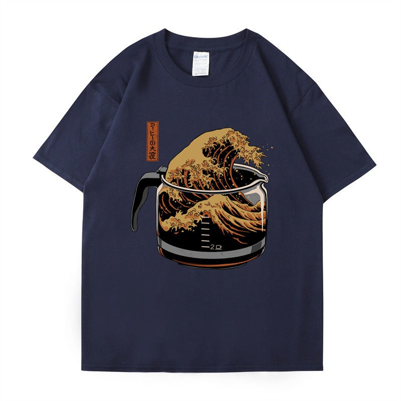 Short sleeved coffee wave print round neck T-shirt top