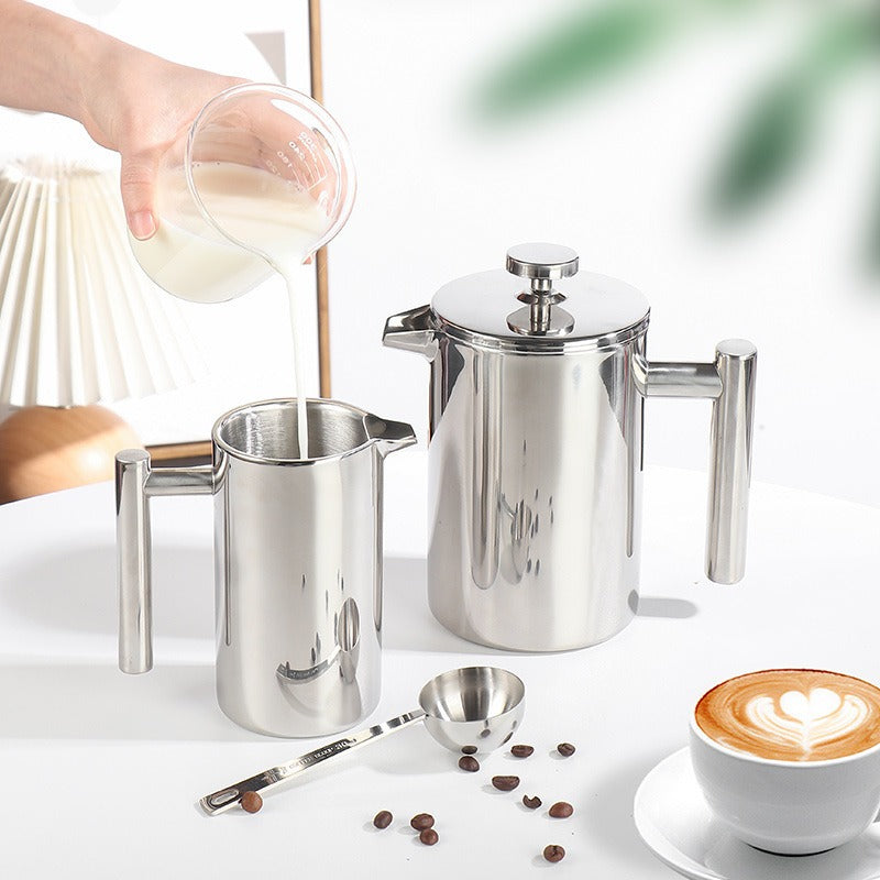 Coffee pot 304 stainless steel French press double-layer hand-pour straight handle coffee brewing pot