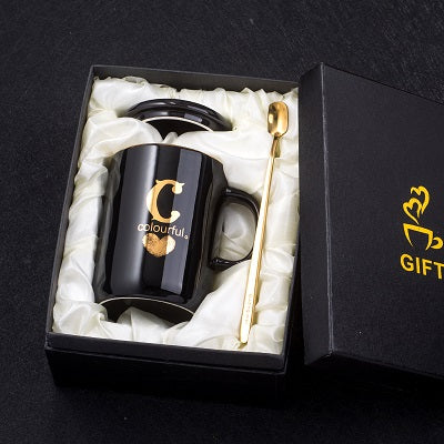 400ml Creative Gold Finger Printing Black Ceramic Coffee Mug Tea Cup With Gold Handle As Gift With Lid And Spoon