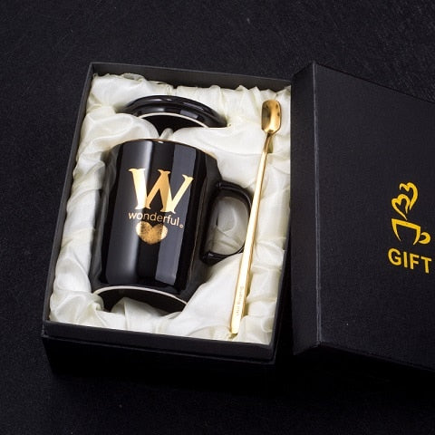 400ml Creative Gold Finger Printing Black Ceramic Coffee Mug Tea Cup With Gold Handle As Gift With Lid And Spoon