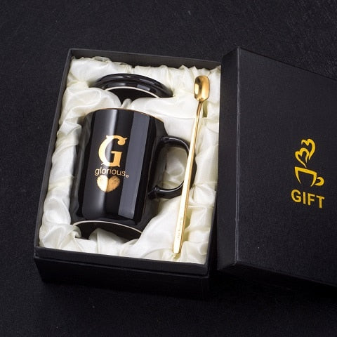 400ml Creative Gold Finger Printing Black Ceramic Coffee Mug Tea Cup With Gold Handle As Gift With Lid And Spoon