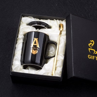 400ml Creative Gold Finger Printing Black Ceramic Coffee Mug Tea Cup With Gold Handle As Gift With Lid And Spoon