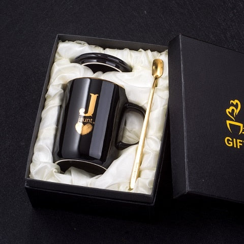 400ml Creative Gold Finger Printing Black Ceramic Coffee Mug Tea Cup With Gold Handle As Gift With Lid And Spoon