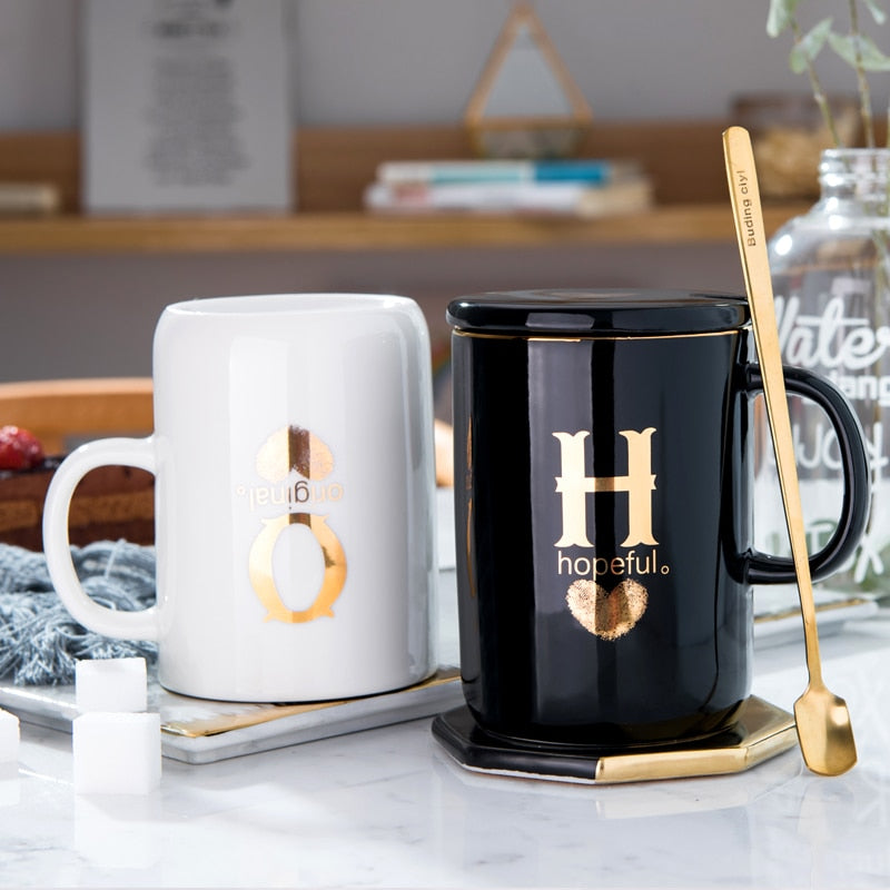 400ml Creative Gold Finger Printing Black Ceramic Coffee Mug Tea Cup With Gold Handle As Gift With Lid And Spoon