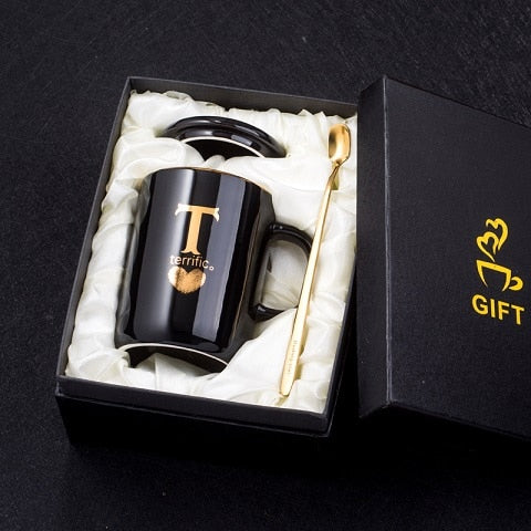 400ml Creative Gold Finger Printing Black Ceramic Coffee Mug Tea Cup With Gold Handle As Gift With Lid And Spoon