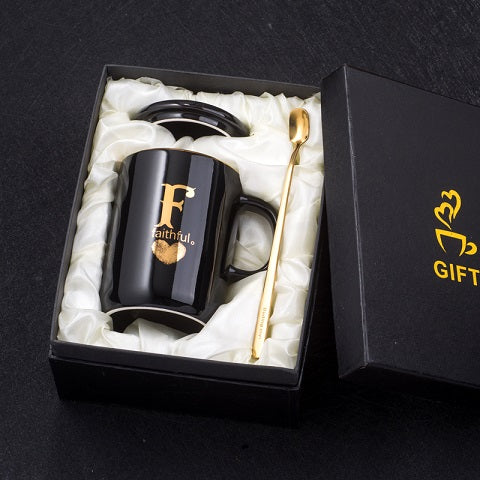 400ml Creative Gold Finger Printing Black Ceramic Coffee Mug Tea Cup With Gold Handle As Gift With Lid And Spoon