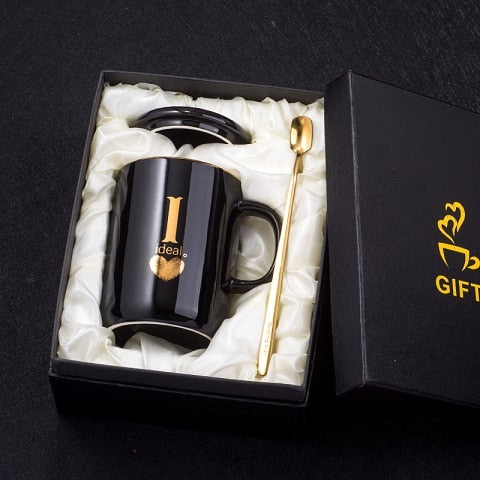 400ml Creative Gold Finger Printing Black Ceramic Coffee Mug Tea Cup With Gold Handle As Gift With Lid And Spoon