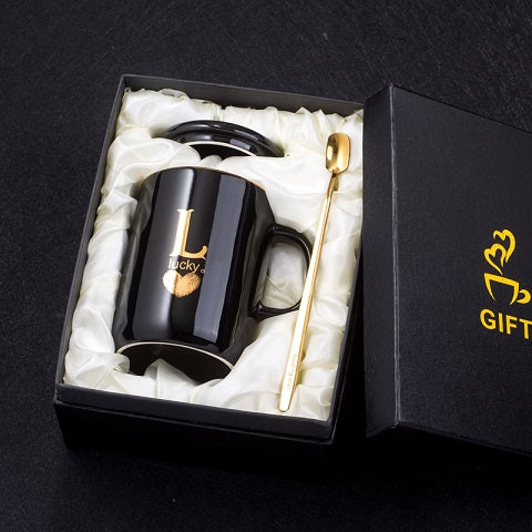 400ml Creative Gold Finger Printing Black Ceramic Coffee Mug Tea Cup With Gold Handle As Gift With Lid And Spoon