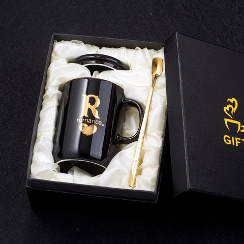 400ml Creative Gold Finger Printing Black Ceramic Coffee Mug Tea Cup With Gold Handle As Gift With Lid And Spoon