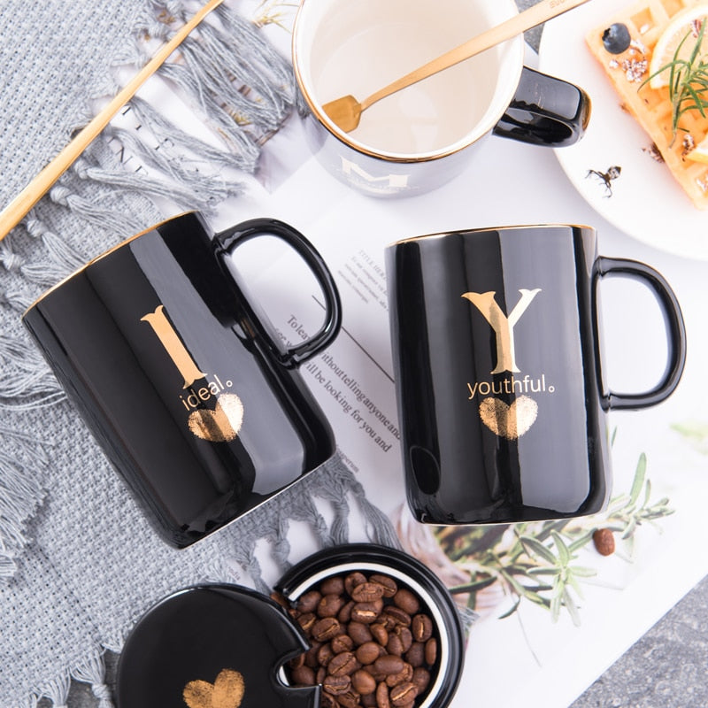 400ml Creative Gold Finger Printing Black Ceramic Coffee Mug Tea Cup With Gold Handle As Gift With Lid And Spoon