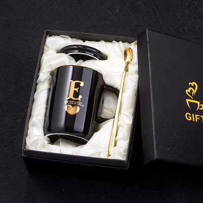 400ml Creative Gold Finger Printing Black Ceramic Coffee Mug Tea Cup With Gold Handle As Gift With Lid And Spoon