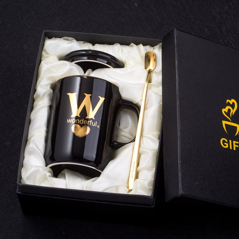 400ml Creative Gold Finger Printing Black Ceramic Coffee Mug Tea Cup With Gold Handle As Gift With Lid And Spoon