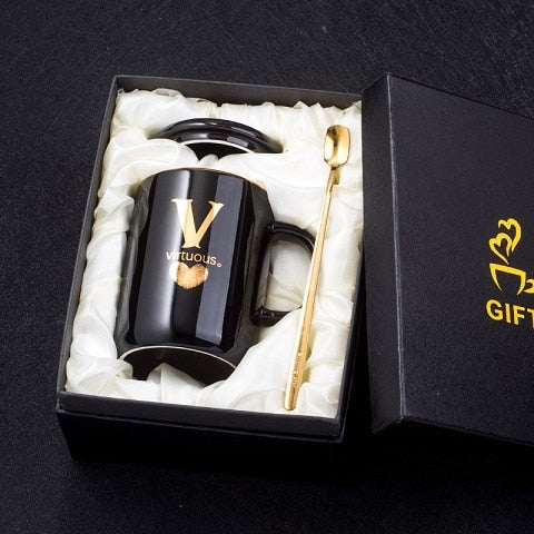 400ml Creative Gold Finger Printing Black Ceramic Coffee Mug Tea Cup With Gold Handle As Gift With Lid And Spoon