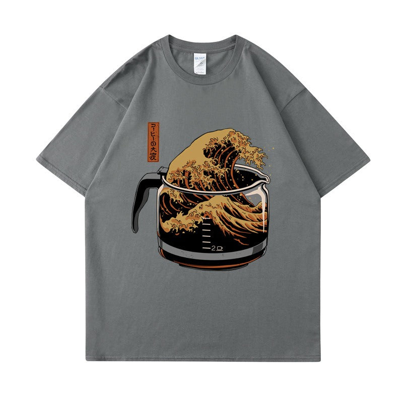 Short sleeved coffee wave print round neck T-shirt top